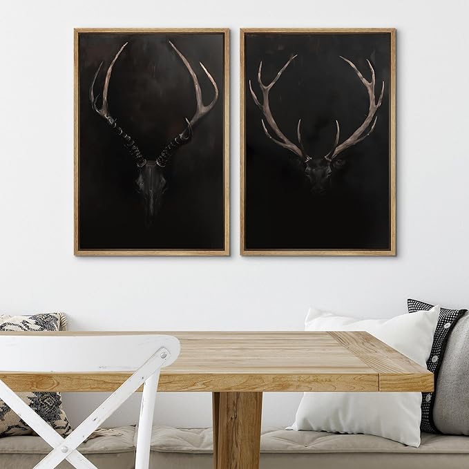 SIGNWIN Framed Canvas Print Wall Art Rustic Antler Skull Dark Dramatic Black Vintage-Inspired Deer and Elk Antlers Illustrations Decorative for Living Room, Bedroom, Office - 24"x36"x2 Natural