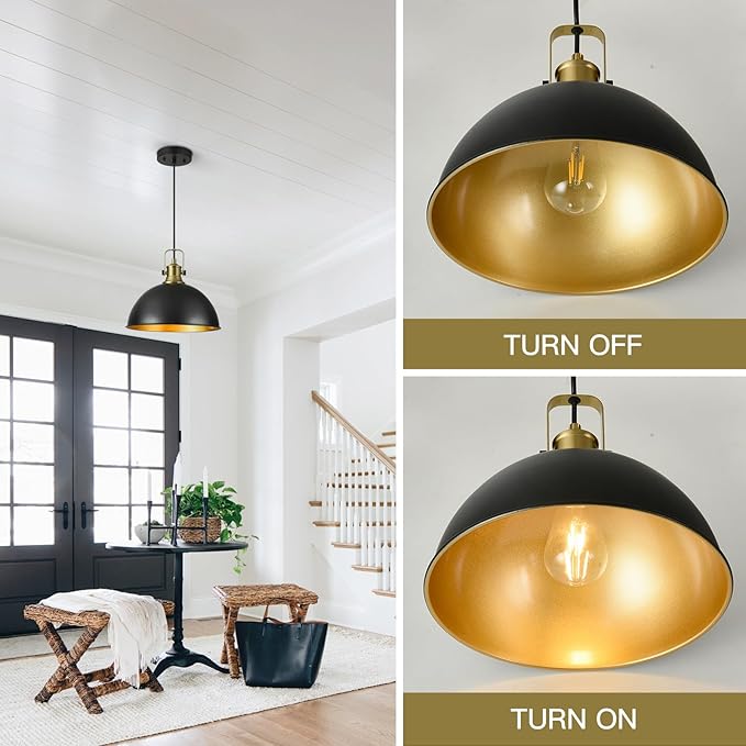 12 Inch Black Farmhouse Pendant Lights for Kitchen Island Industrial Pendant Lighting Adjustable Height Vintage Dome Hanging Light Fixtures for Barn, Dining Room 3 Packs