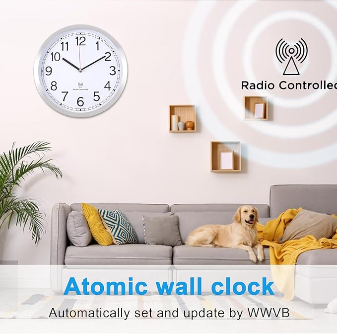 Atomic Analog Wall Clock, 12Inch Radio Controlled Sets Automatically Wall Clock Decorative for Living Room Office School