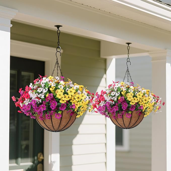 2 Set Outdoor Artificial Hanging Baskets, 32 Pcs Artificial Flowers Hanging Planters for Spring Summer Front Porch Patio Yard Garden Home Decor (Purple, Yellow, Hot Pink, Creamy White)
