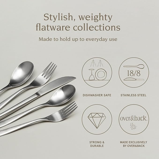 over&back 20pc Curved Flatware Cutlery Set - Comes with 4 Dinner Forks, 4 Salad Forks, 4 Dinner Knives, 4 Dinner Spoons, and 4 Teaspoons - 18/8 Stainless Steel - Dishwasher-Safe - Brushed Stainless