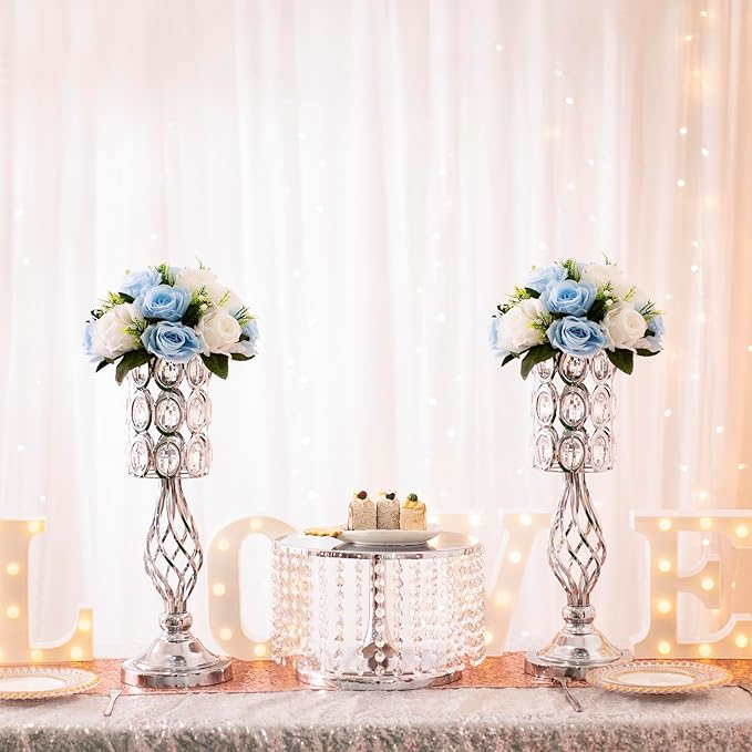 20in Wedding Centerpieces for Tables, 2pcs Silver Metal Diamond Crystal Wedding Flower Stand Centerpiece Vases for Table Decorations Reception Party Home Decor