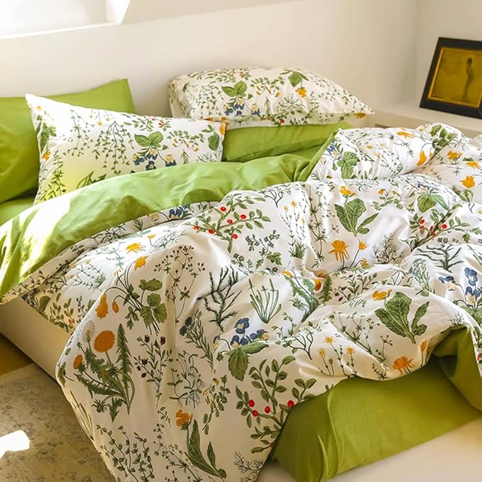 CLOTHKNOW Floral Full Size Comforter Sets 3Pcs Green White Bedding Comforter Sets Botanical Comforter with 2 x Pillow Cases