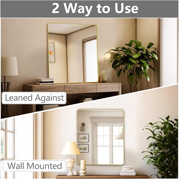 Mirrorons Gold Bathroom Mirror 36 x 30 Inch, Gold Wall Mirror, Bathroom Vanity Mirror with Rounded Corner, Shatterproof (Horizontal/Vertical)