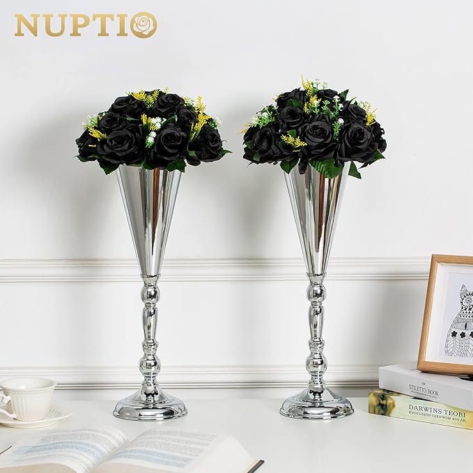 NUPTIO Black Roses Artificial Flowers - 2 Pcs Fake Flower Bouquet With Hydrangea, 15 Heads Fake Roses With Base, Real Looking Artificial Flowers