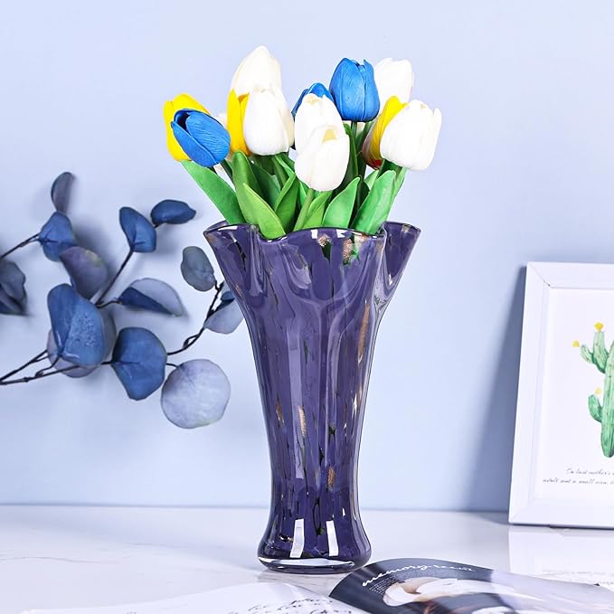 9.0" H Purple Glass Vases for Flowers, Unique Hand Blown Glass Vase Purple Home Decor, Wide Mouth Colorful Flower Vase Centerpieces, for Living Room Table Bookshelf, Bathroom Office Shelf Decorative