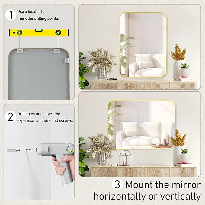 22x30 Inch Bathroom Mirror for Wall,Matte Gold Framed Rectangle Mirror with Rounded Corner,Aluminum Alloy Framed Brushed Wall Mirror for Bedroom or Living Room,Vertical or Horizontal