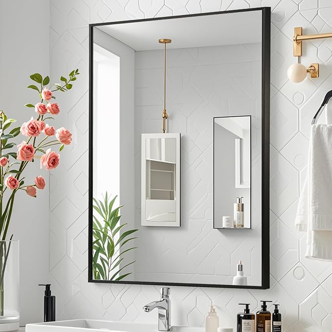 Black Bathroom Mirror, 26"x38" Rectangle Mirror, Matte Black Mirror, Metal Frame Square Corner Vanity Mirror, Wall Mounted Mirror for Modern, Living Room, Bedroom, Horizontal Or Vertical