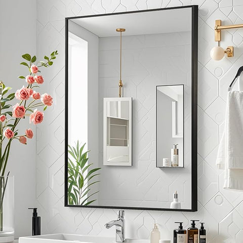 Black Bathroom Mirror, 26"x38" Rectangle Mirror, Matte Black Mirror, Metal Frame Square Corner Vanity Mirror, Wall Mounted Mirror for Modern, Living Room, Bedroom, Horizontal Or Vertical