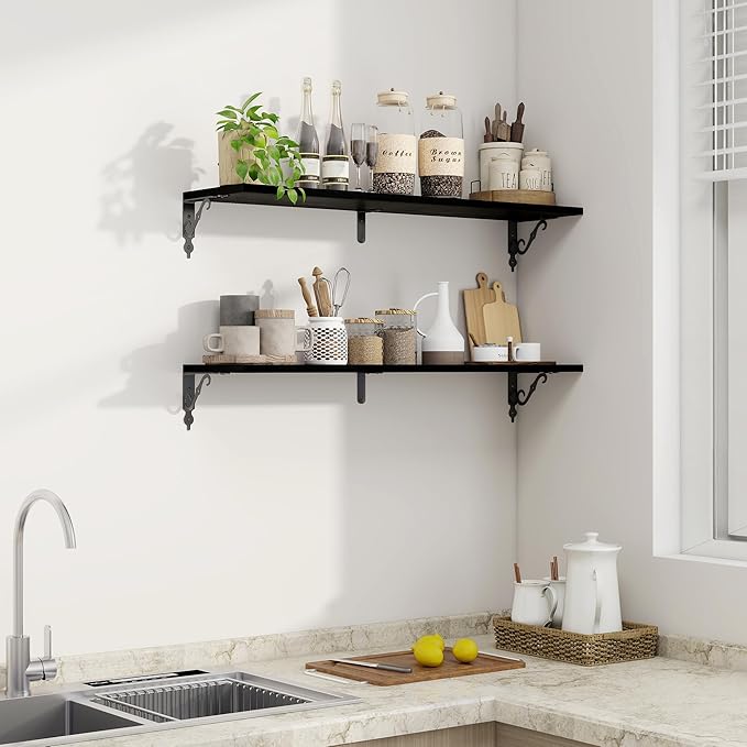 Fun Memories 36 Inches Floating Shelves, Rustic Long Wall Shelves, 8 Inch Deep Book Shelf Wall Mounted with Bracket, Wide Display & Storage Shelves for Living Room, Bathroom, Bedroom, Black, Set of 2