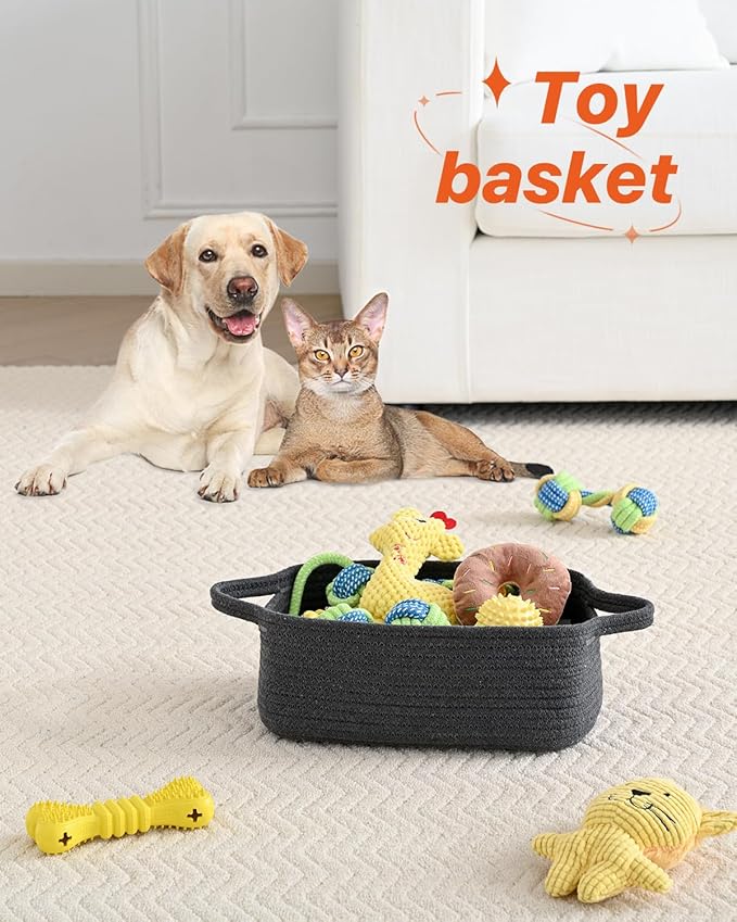 KALLAX Small Woven Basket, 12 x 8 x 4.5 Inches, Small Storage Baskets for Organizing, Gift Baskets Empty, Cute Rope Shelf Closet Storage Bins for Shelves, Dog Toy Basket, 3 Packs, Dark Grey