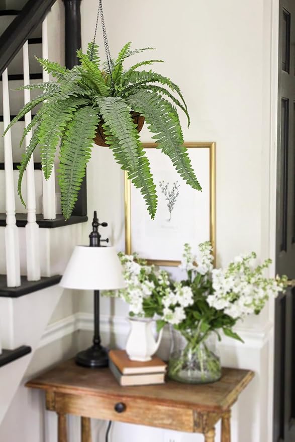 Fake Hanging Plants Large Boston Fern Artificial Plants Outdoor Realistic Fake Ferns with Palm Basket Silk Plants Ferns Hanging Plant Artificial Decor for Home Front Porch Window Garden - Dusty Green