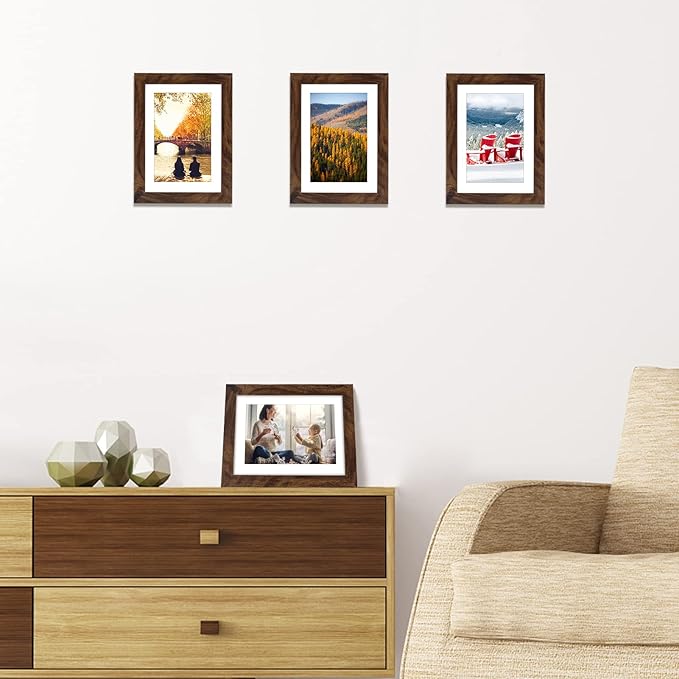 Giftgarden Brown 4x6 Picture Frame Set of 4, 5x7 Frame Matted to 4x6 Photo Rustic Walnut Frames with Mat for Wall or Tabletop Display