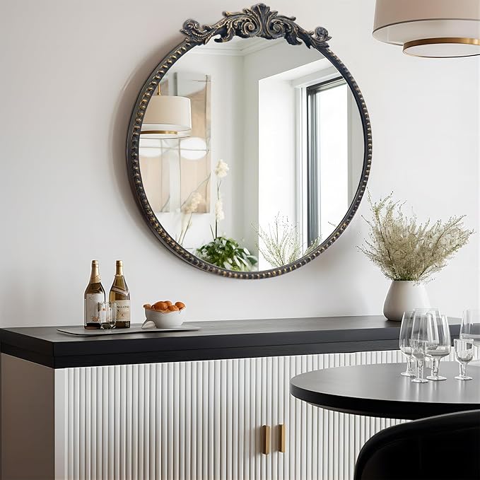 Round Mirror, 28''Baroque Style Circle Mirror Vintage Black Metal Frame Wall Mirrors for Vanity, Bathroom or Bedroom