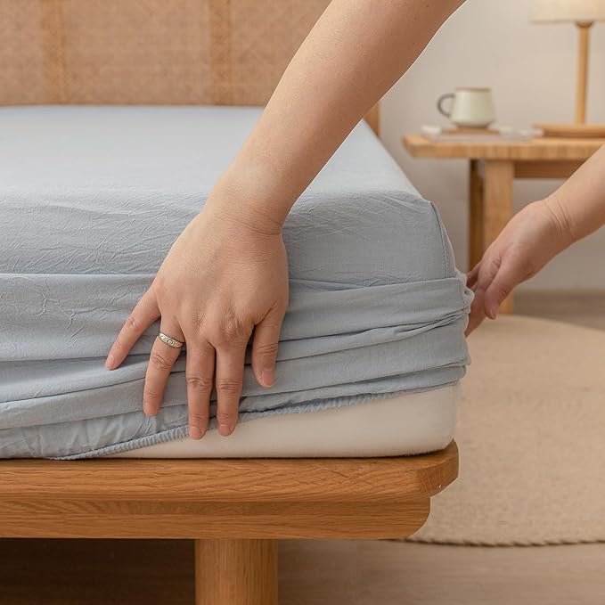 BESTOUCH Sheet Set 100% Washed Cotton Linen Feel Super Soft Comfortable Chic Lightweight 4 Pcs Home Bedding Set Solid Cornflower Blue Cal King