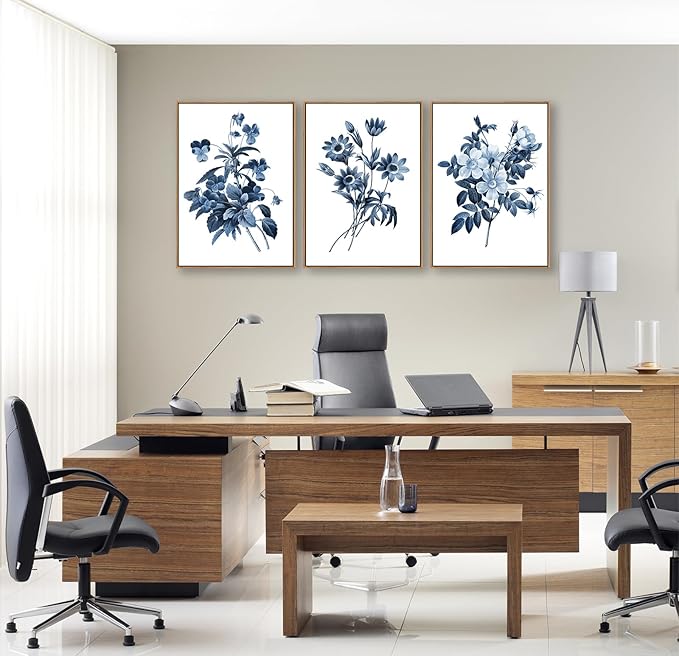 Large Framed Canvas Wall Art - Natural Float Framed Indigo Flowers Picturtes for Living Room Decor Retro Blue Floral Botanical Artwork Plants for Bedroom Kitchen Home Office Decor 60" X 28" Set of 3
