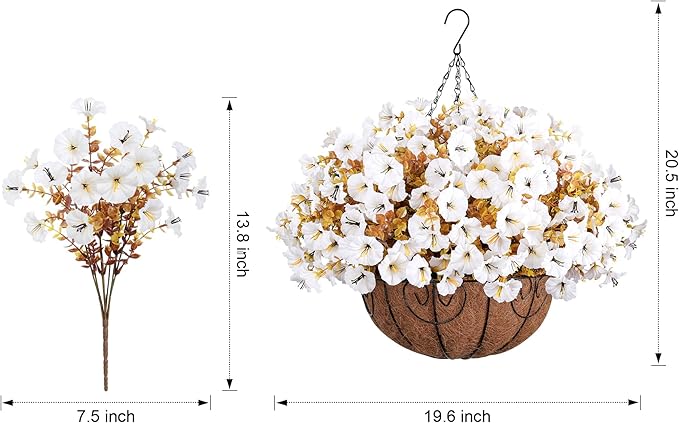 Artificial Fall Hanging Flowers in Basket, 12 Bundles Faux Silk Morning Glory Plants Realistic UV Resistant Fake Outdoor Flower for Planters Home Decor Outside Garden Yard Patio, Fall White