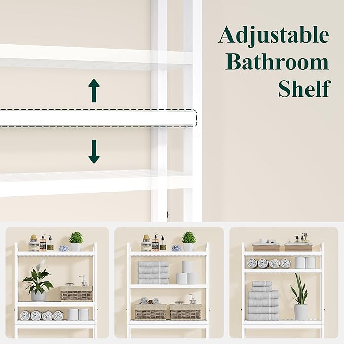 Smiry Over The Toilet Storage Cabinet, 3-Tier Bamboo Bathroom Organizers with Adjustable Shelf & 4 Hooks, Space Saving Shelf Rack for Bathrooms, Laundry Room, Balcony, White