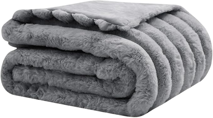 WDCOZY Faux Fur Throw Blanket Striped Super Soft Cozy Fluffy Luxurious Blankets Couch Bed Sofa Chair Home Decor Warm Furry Fall Winter Plush Lightweight Rabbit Fur Bubble Blanket 60" x 80", Darkgrey