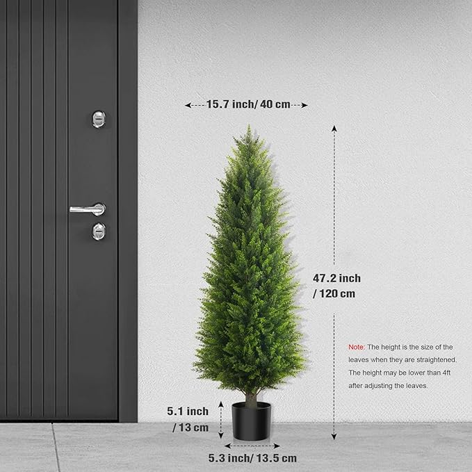4FT Artificial Cedar Topiary Trees (2 Pack) - UV Resistant Fake Evergreen Shrubs with Extra Dense Foliage, Realistic Potted Faux Plants for Front Porch & Garden Decor