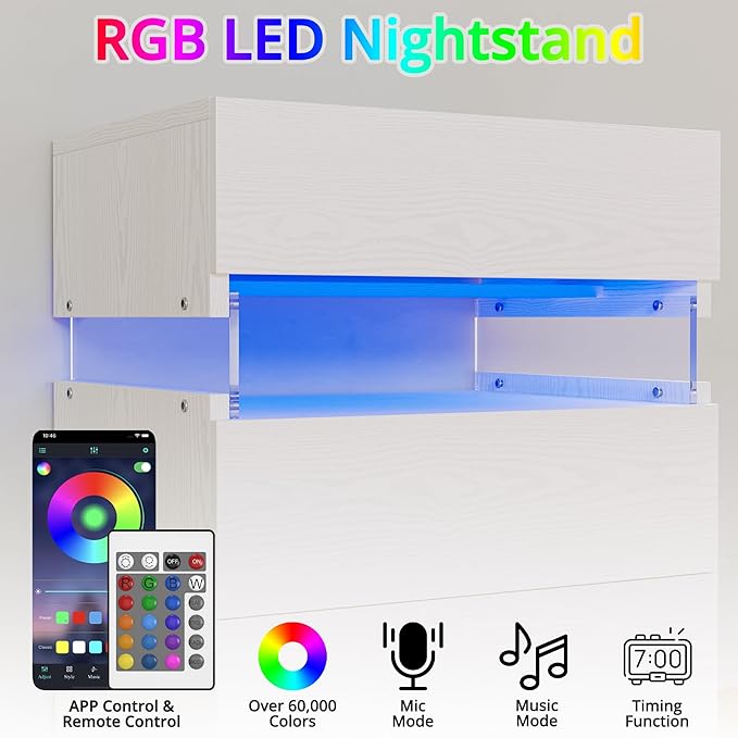 IRONCK Night Stand, LED Nightstand with 3 Drawers, Modern Bedside Table with Storage, End Table for Bedroom, White
