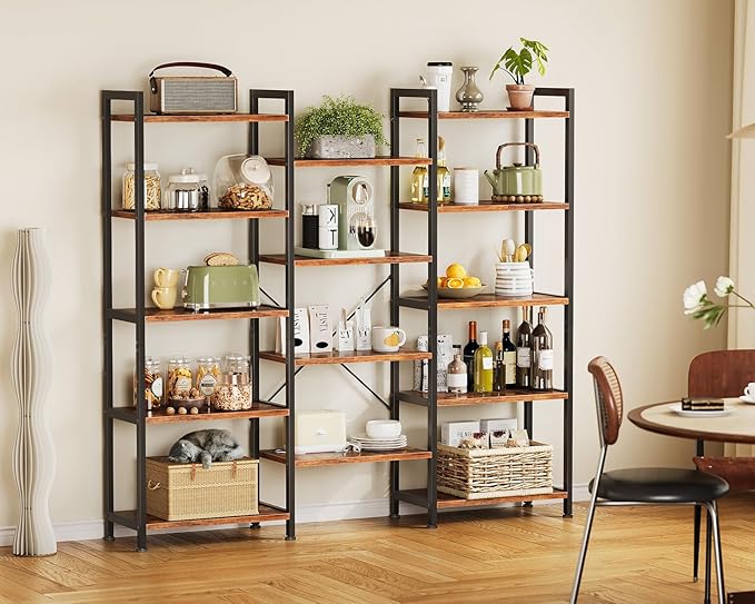 Casaottima Triple 5 Tier Bookshelf, Large Bookcase with 14 Open Display Shelves, Modern Industrial Book Shelves Book Case for Bedroom, Wide Standing Shelving Unit for Living Room Home Office, Vintage
