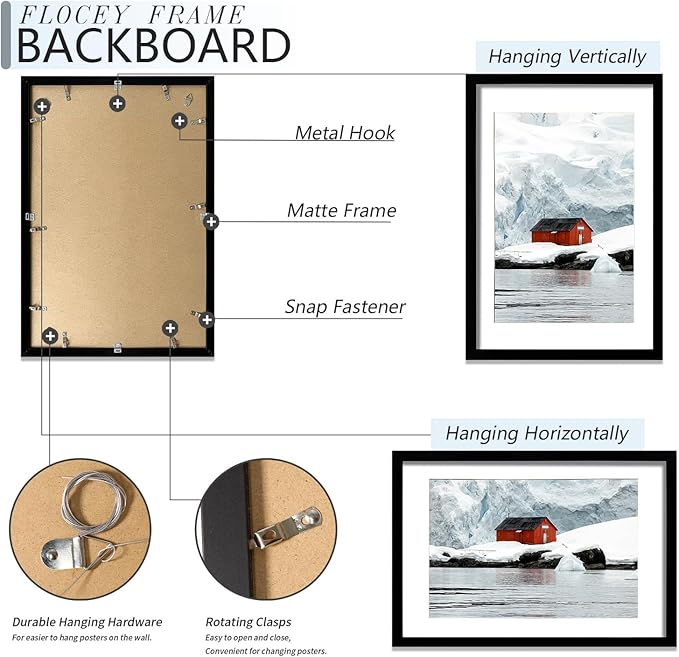 20x30 Picture Frame Set of 5, Black Poster Frame, Display Pictures 16 x 24 with Mat or 20 x 30 Without Mat for Horizontal or Vertical Wall Mounting, Wall Gallery Frame