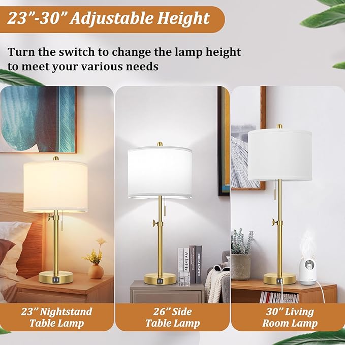 Table Lamp Set of 2, Bedside Lamp with 2 USB Ports, Gold Tall Table Lamp for Living Room End Tables, 23" to 30" Height Adjustable Lamp for Bedroom, Farmhouse Table Lamps with Pull Chain, E26