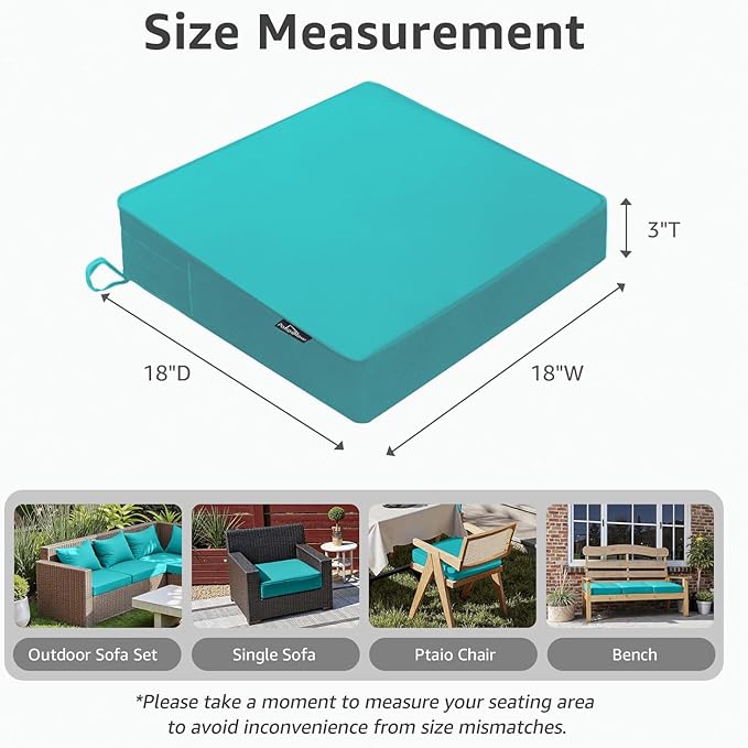 Outdoor Chair Cushions 18 x 18 x 3 Inch, Waterproof & Fade Resistant Patio Seat Cushion for Furniture with Handle and Ties, Thick Seating Pads for Outside Sofa Couch Set of 2, Teal