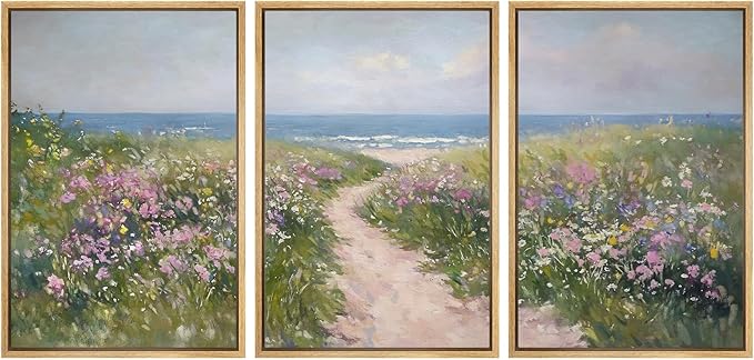 SIGNWIN Framed Canvas Print Wall Art Set Path to The Sea Coastal Floral Landscape Illustrations Modern Art Decorative Rustic Calm/Zen for Living Room, Bedroom, Office - 24"x36"x3 Natural