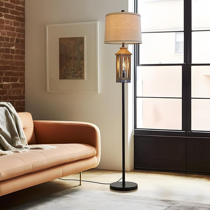 63" Farmhouse Floor Lamps for Living Room Bedside Nightstand Lamp Black Tall Standing Lamp for Home Decor Bedroom Reading Wood Lamp Rustic Bed Lights with 2 Light Sources
