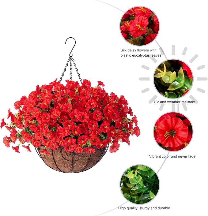 Artificial Fake Hanging Flowers Plants in Basket for Outdoor Decoration, 12 Pcs Faux Morning Glory in Planter Realistic UV Resistant Silk Flowers for Home Porch Patio Balcony Yard Outside, Red