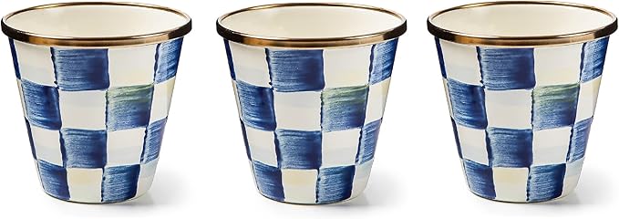 MACKENZIE-CHILDS Enamel Herb Pots, Small Plant Pots for Herbs or Flowers, Set of 3, Blue-and-White Royal Check