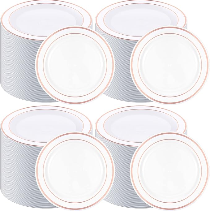 200 Pieces Disposable Plates Plastic Party Plates with Rim Hard Plastic Appetizer Salad Dessert 7.5 Inch Elegant Heavy Duty Tableware for Dinner Wedding Party Supplies(Rose Gold Rim)
