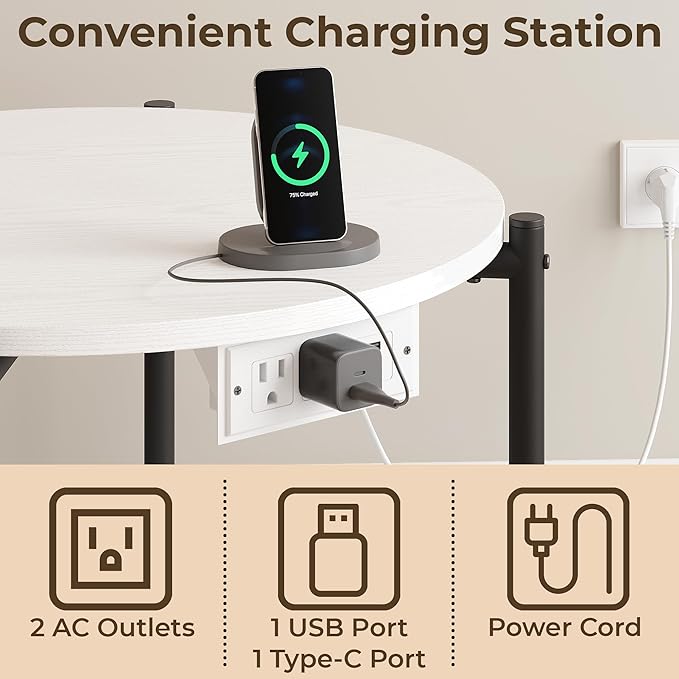 LIKIMIO Round End Table with Charging Station, 23.6" W Wooden Side Table with 2-Tier Storage, Modern Nightstand for Small Spaces, Living Room, Bedroom, White