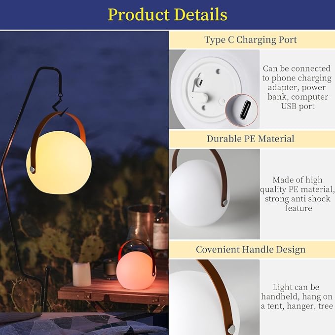 LED Glowing Ball Light with Handle, 7-Inch Cordless 16 Color Changing and 4 Light Modes Kids Night Light, Rechargeable & Dimmable Mood Lamp with Remote Control for Home Party Camping