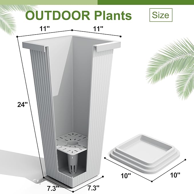 24-Inch Tall Planters Set of 2 for Outdoor and Indoor Use, Tapered Flower Pots with Drainage Tray, Front Porch and Patio Decor, Ideal for Large Plants (Stripes-White)