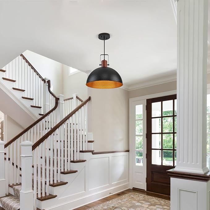 16 Inch Black Pendant Lights Hammered Matte Pendant Lights for Kitchen Island Industrial Farmhouse Adjustable Height Dome Hanging Light Fixtures for Barn, Dining Room 1 Pack