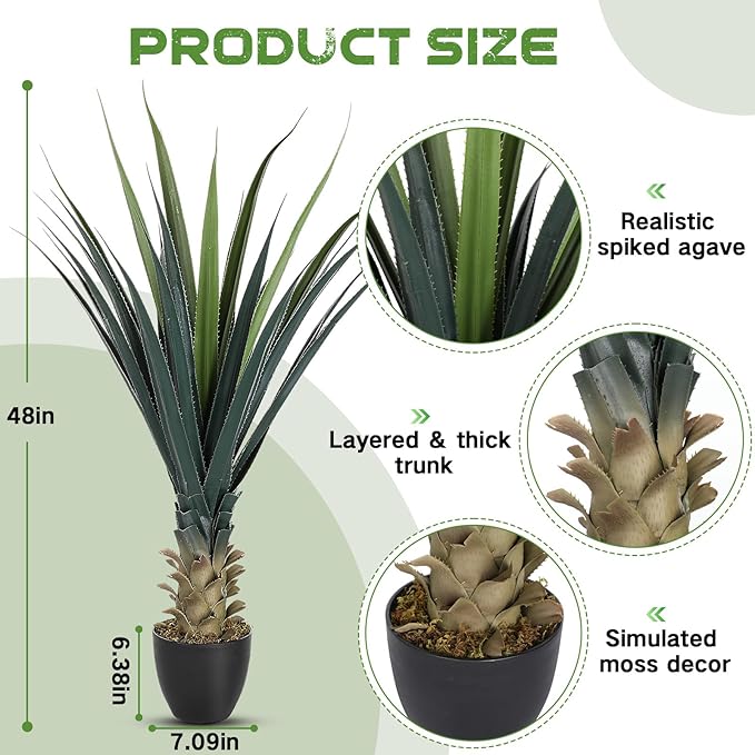 Giegxin 1 Piece 4ft Tall Artificial Spiked Agave Plant Potted Faux Agave Plants 48'' UV Resistant Large Realistic Artificial Greenery Outdoor Indoor for Housewarming Gift House Garden Bathroom
