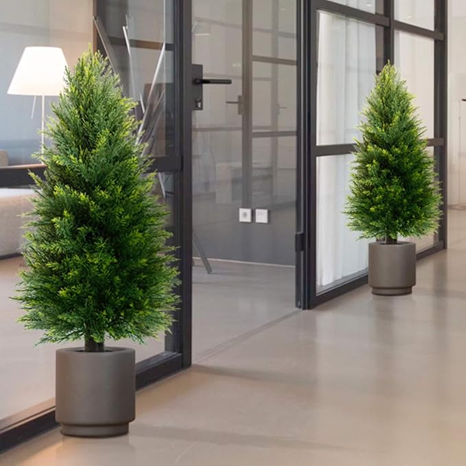 Set of 2 Artificial Cedar Topiary Trees, 3 FT Tall | UV-Resistant for Outdoor & Indoor Use | Lifelike Fake Plants for Front Porch, Patio & Office Decor