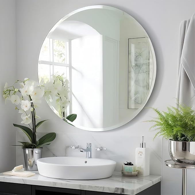 KOHROS Frameless Round Bathroom Mirror for Over Sink 24" x 24" Circle Mirror Beveled Edge Wall Mirror for Bathroom Vanity Entryway Bedroom