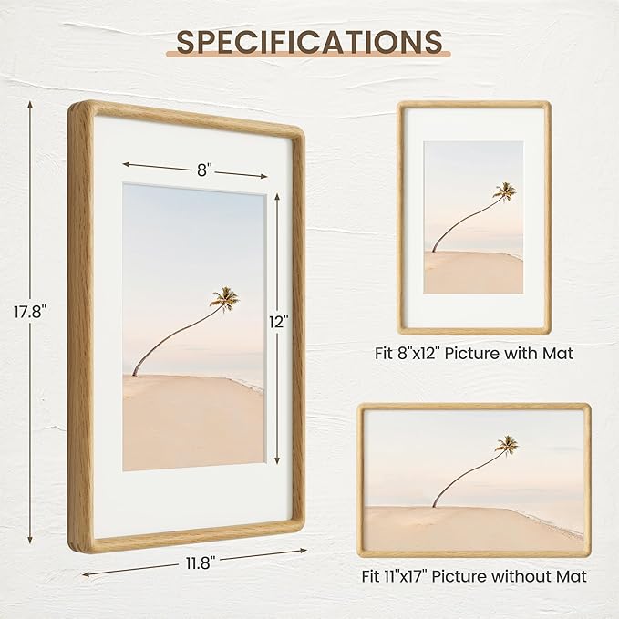 11x17 Picture Frame, Solid OAK Wood Frame with Real Glass, Hard Wood 11 by 17 Photo Frame for Wall & Tabletop Display, Picture Frame Matted to 8x12, Natural OAK Color