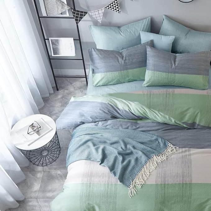 VM VOUGEMARKET Cotton Modern Duvet Cover Set Blue Green Multi-Dimensional Patchwork Design Simple Luxury Cool 3 Pieces King Bedding Set-No Comforter