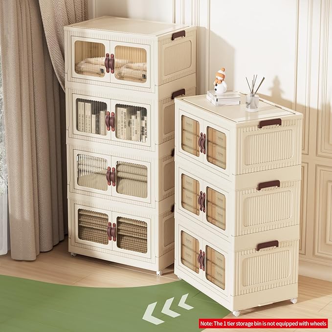 Stackable Storage Bins, Folding Storage Bins with Lids and Doors, Open Front Folding Storage Box with Wheels Plastic Storage Containers (5 Tier (Side Windows Not Visible), 30 Qt)