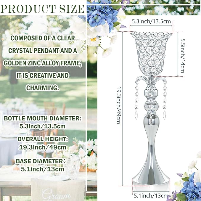 2Pcs Silver Crystal Metal Vase Set - Tulip & Trumpet Wedding Centerpieces, Artificial Flower Arrangement Vases for Home Decor, Restaurant Table Displays