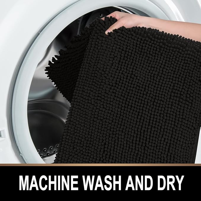 MAYSHINE Plush Shaggy Chenille Bath Mat | Extra Soft, Super Absorbent, Non-Slip Bathroom Rug | Fluffy Microfiber, Area Rug Sets for Bathroom Floor, Kitchen, Living Room | 59"x31" | Black