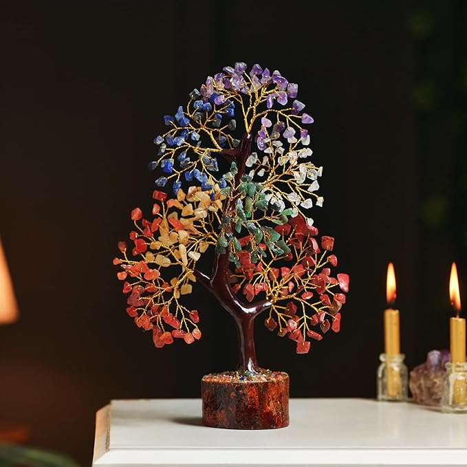 Crystal Tree of Life with Seven Chakra Tumble Hanging, 7 Chakra Healing Crystal Tree, Office Desk Decor, Room Decor, Bonsai Trees for Positive Energy, Money, Good Luck Birthday Gifts for Women 10-12"