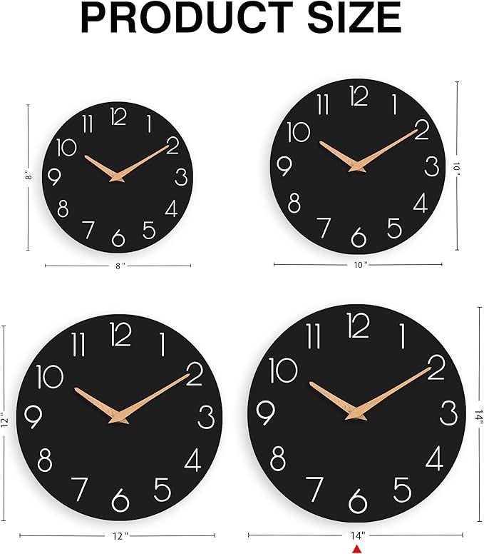 Wall Clock, 14 Inch Wooden Silent Non-Ticking, Decorative Battery Operated Wall Clocks for Bedroom, Kitchen, Home, Living Room, Office, School, Hotel (Black)
