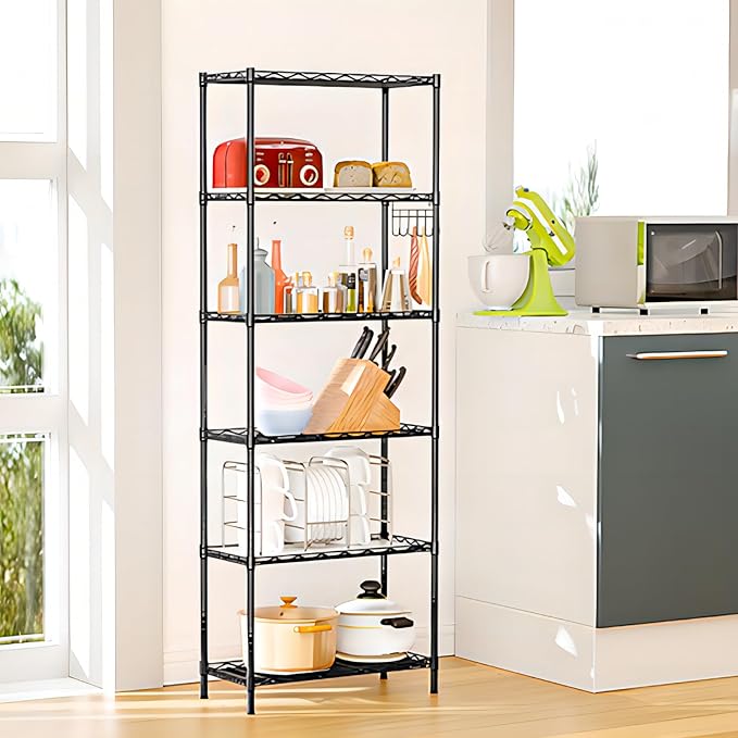 Homdox 6-Tier Storage Shelf Wire Shelving Unit Free Standing Rack Organization Adjustable Leveling Feet, Stainless Side Hooks, Black