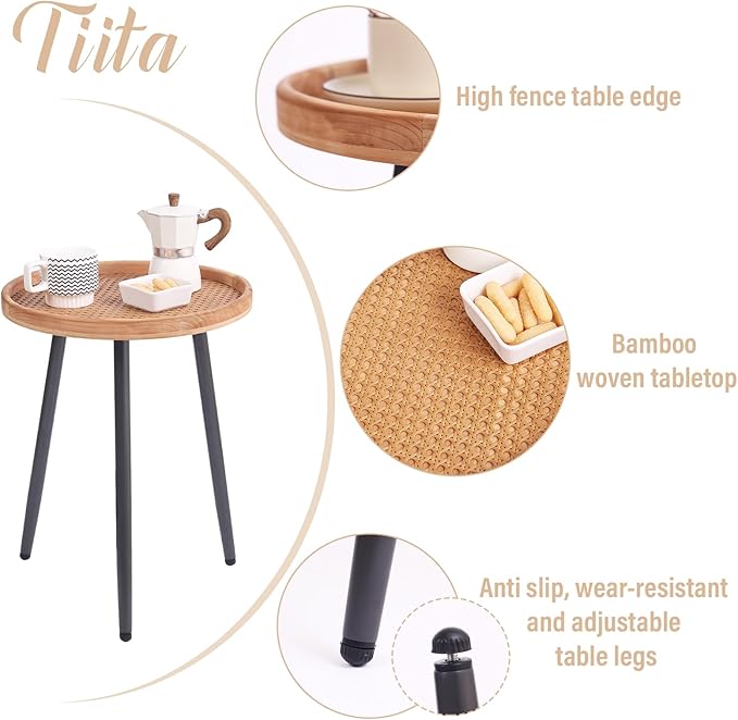 Tiita 2 Pack Rattan Round End Table Mental Side Table Nightstand/Small Wood Tables Accent Coffee Table with Wooden Tray for Living Room Bedroom Office Small Space